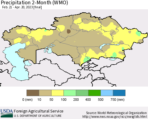 Kazakhstan Precipitation 2-Month (WMO) Thematic Map For 2/21/2023 - 4/20/2023
