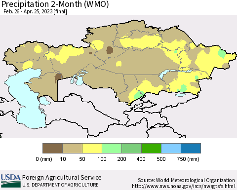 Kazakhstan Precipitation 2-Month (WMO) Thematic Map For 2/26/2023 - 4/25/2023