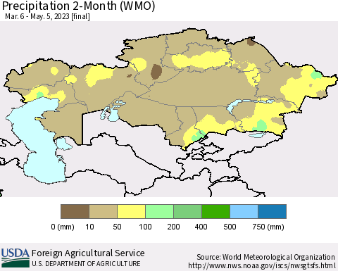 Kazakhstan Precipitation 2-Month (WMO) Thematic Map For 3/6/2023 - 5/5/2023