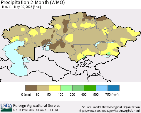 Kazakhstan Precipitation 2-Month (WMO) Thematic Map For 3/11/2023 - 5/10/2023