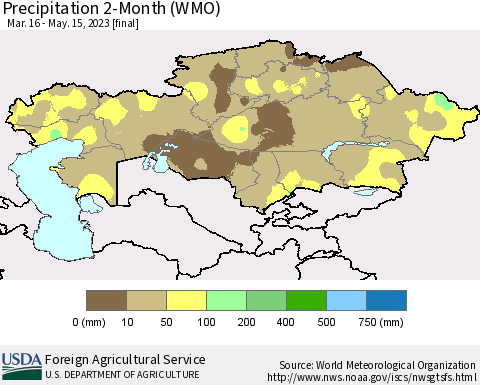 Kazakhstan Precipitation 2-Month (WMO) Thematic Map For 3/16/2023 - 5/15/2023