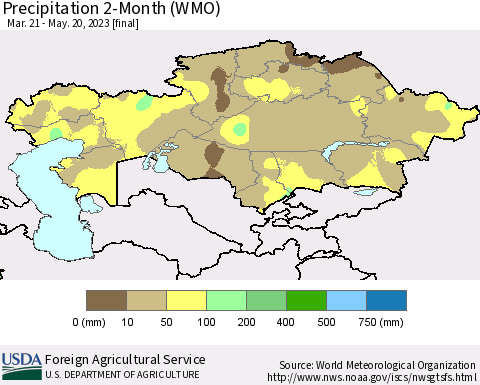 Kazakhstan Precipitation 2-Month (WMO) Thematic Map For 3/21/2023 - 5/20/2023