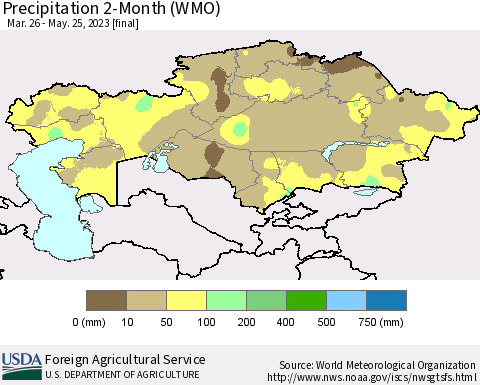 Kazakhstan Precipitation 2-Month (WMO) Thematic Map For 3/26/2023 - 5/25/2023