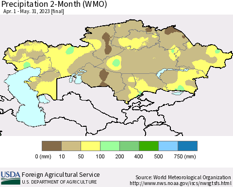 Kazakhstan Precipitation 2-Month (WMO) Thematic Map For 4/1/2023 - 5/31/2023