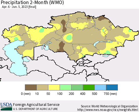 Kazakhstan Precipitation 2-Month (WMO) Thematic Map For 4/6/2023 - 6/5/2023