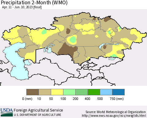 Kazakhstan Precipitation 2-Month (WMO) Thematic Map For 4/11/2023 - 6/10/2023