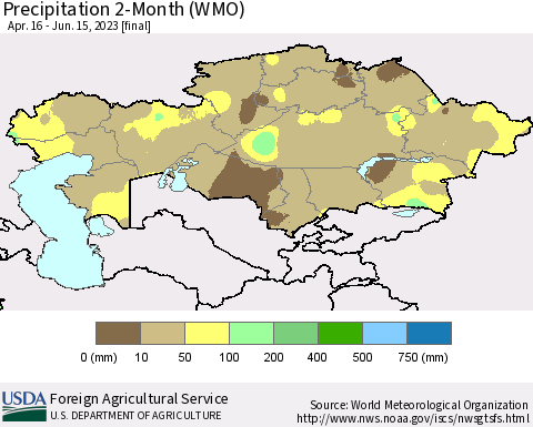Kazakhstan Precipitation 2-Month (WMO) Thematic Map For 4/16/2023 - 6/15/2023