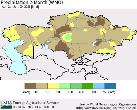 Kazakhstan Precipitation 2-Month (WMO) Thematic Map For 4/21/2023 - 6/20/2023
