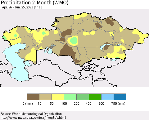 Kazakhstan Precipitation 2-Month (WMO) Thematic Map For 4/26/2023 - 6/25/2023