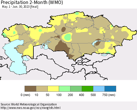 Kazakhstan Precipitation 2-Month (WMO) Thematic Map For 5/1/2023 - 6/30/2023