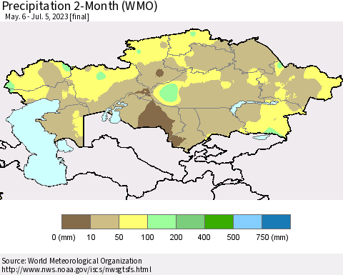 Kazakhstan Precipitation 2-Month (WMO) Thematic Map For 5/6/2023 - 7/5/2023