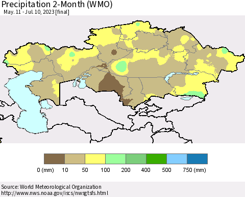 Kazakhstan Precipitation 2-Month (WMO) Thematic Map For 5/11/2023 - 7/10/2023