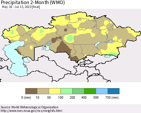 Kazakhstan Precipitation 2-Month (WMO) Thematic Map For 5/16/2023 - 7/15/2023