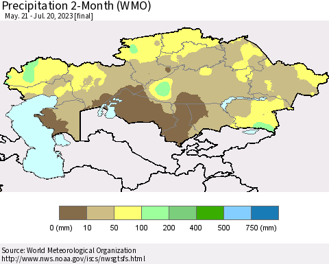 Kazakhstan Precipitation 2-Month (WMO) Thematic Map For 5/21/2023 - 7/20/2023