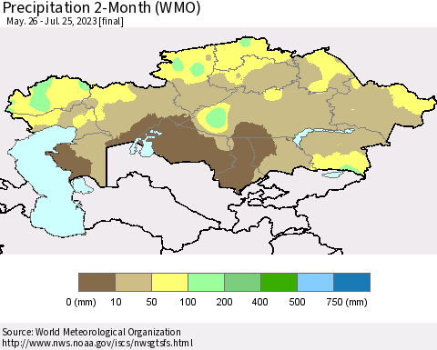 Kazakhstan Precipitation 2-Month (WMO) Thematic Map For 5/26/2023 - 7/25/2023