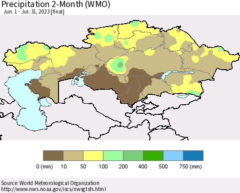 Kazakhstan Precipitation 2-Month (WMO) Thematic Map For 6/1/2023 - 7/31/2023
