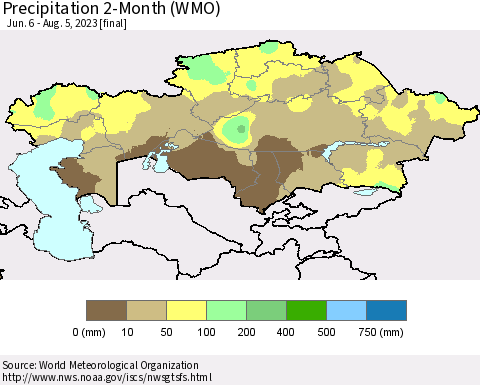 Kazakhstan Precipitation 2-Month (WMO) Thematic Map For 6/6/2023 - 8/5/2023