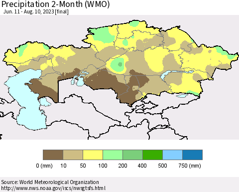 Kazakhstan Precipitation 2-Month (WMO) Thematic Map For 6/11/2023 - 8/10/2023