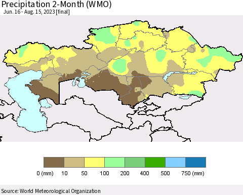 Kazakhstan Precipitation 2-Month (WMO) Thematic Map For 6/16/2023 - 8/15/2023