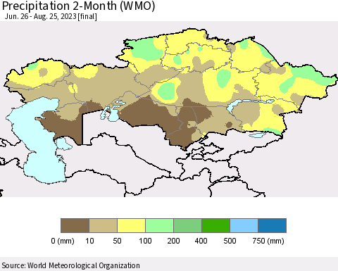 Kazakhstan Precipitation 2-Month (WMO) Thematic Map For 6/26/2023 - 8/25/2023