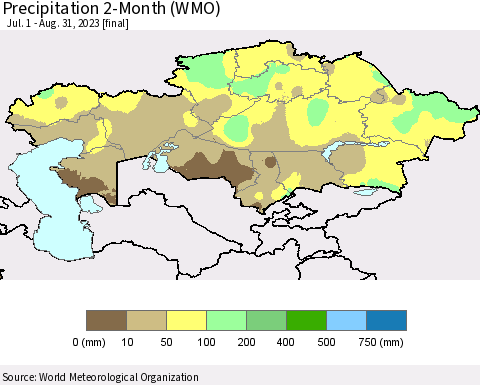 Kazakhstan Precipitation 2-Month (WMO) Thematic Map For 7/1/2023 - 8/31/2023