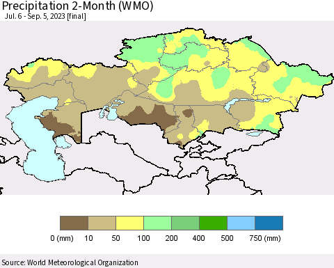 Kazakhstan Precipitation 2-Month (WMO) Thematic Map For 7/6/2023 - 9/5/2023