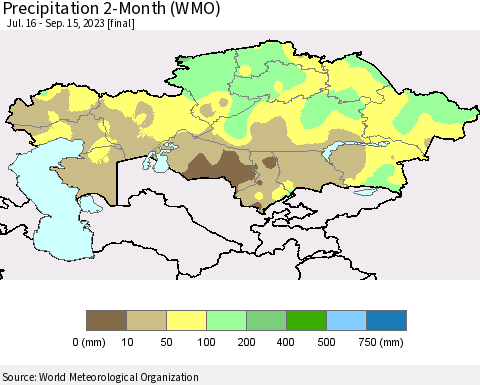 Kazakhstan Precipitation 2-Month (WMO) Thematic Map For 7/16/2023 - 9/15/2023