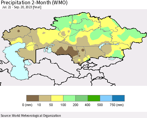 Kazakhstan Precipitation 2-Month (WMO) Thematic Map For 7/21/2023 - 9/20/2023