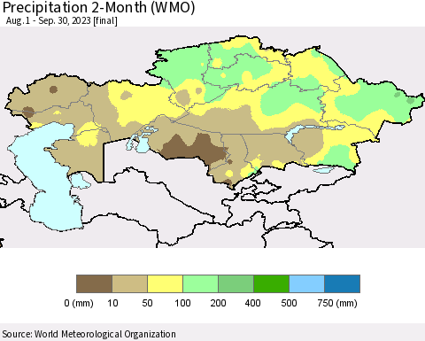 Kazakhstan Precipitation 2-Month (WMO) Thematic Map For 8/1/2023 - 9/30/2023