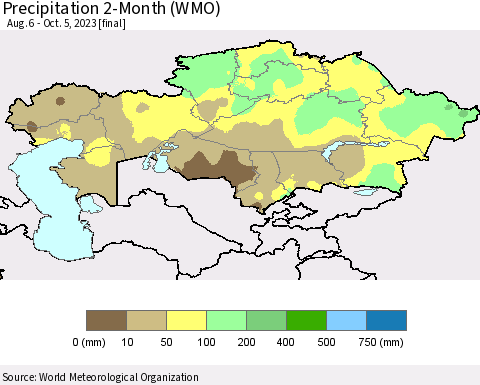 Kazakhstan Precipitation 2-Month (WMO) Thematic Map For 8/6/2023 - 10/5/2023