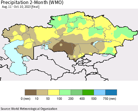 Kazakhstan Precipitation 2-Month (WMO) Thematic Map For 8/11/2023 - 10/10/2023