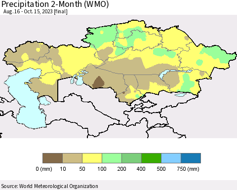 Kazakhstan Precipitation 2-Month (WMO) Thematic Map For 8/16/2023 - 10/15/2023