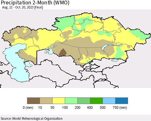 Kazakhstan Precipitation 2-Month (WMO) Thematic Map For 8/21/2023 - 10/20/2023