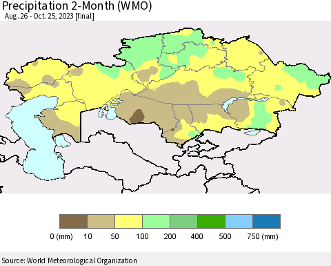 Kazakhstan Precipitation 2-Month (WMO) Thematic Map For 8/26/2023 - 10/25/2023