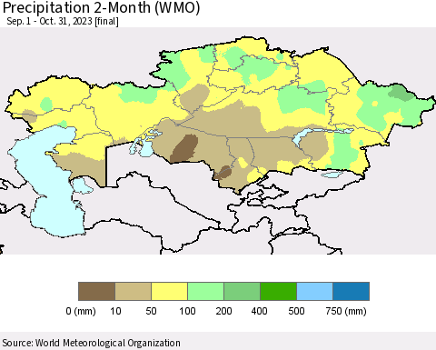 Kazakhstan Precipitation 2-Month (WMO) Thematic Map For 9/1/2023 - 10/31/2023