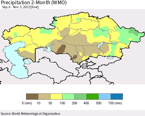 Kazakhstan Precipitation 2-Month (WMO) Thematic Map For 9/6/2023 - 11/5/2023