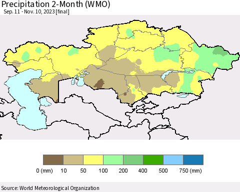Kazakhstan Precipitation 2-Month (WMO) Thematic Map For 9/11/2023 - 11/10/2023