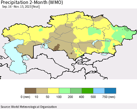 Kazakhstan Precipitation 2-Month (WMO) Thematic Map For 9/16/2023 - 11/15/2023