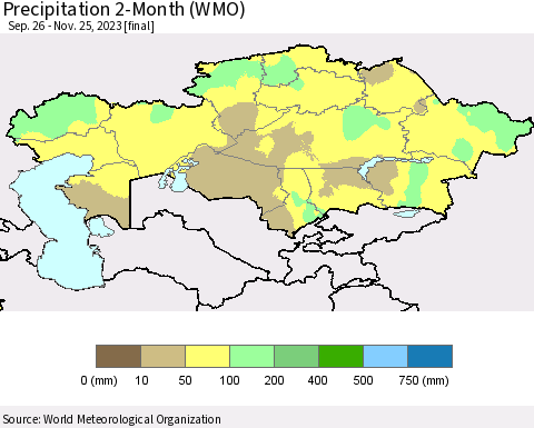 Kazakhstan Precipitation 2-Month (WMO) Thematic Map For 9/26/2023 - 11/25/2023