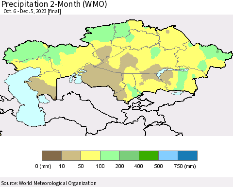 Kazakhstan Precipitation 2-Month (WMO) Thematic Map For 10/6/2023 - 12/5/2023