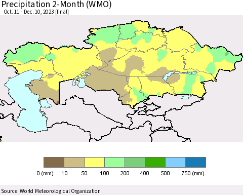 Kazakhstan Precipitation 2-Month (WMO) Thematic Map For 10/11/2023 - 12/10/2023