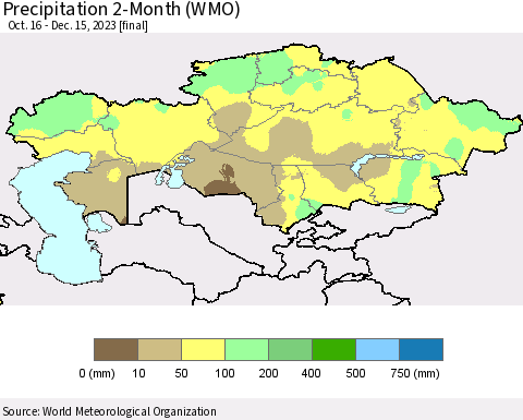 Kazakhstan Precipitation 2-Month (WMO) Thematic Map For 10/16/2023 - 12/15/2023