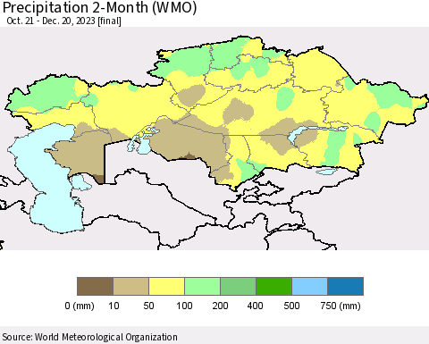 Kazakhstan Precipitation 2-Month (WMO) Thematic Map For 10/21/2023 - 12/20/2023