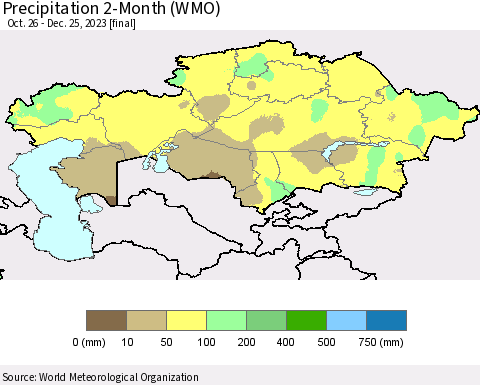 Kazakhstan Precipitation 2-Month (WMO) Thematic Map For 10/26/2023 - 12/25/2023