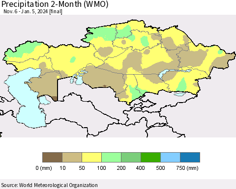 Kazakhstan Precipitation 2-Month (WMO) Thematic Map For 11/6/2023 - 1/5/2024