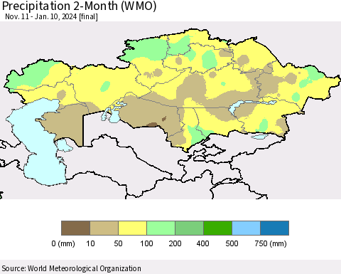 Kazakhstan Precipitation 2-Month (WMO) Thematic Map For 11/11/2023 - 1/10/2024