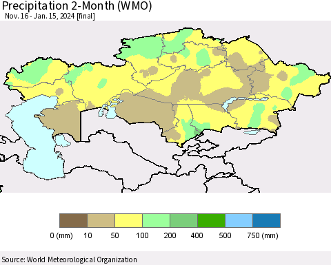 Kazakhstan Precipitation 2-Month (WMO) Thematic Map For 11/16/2023 - 1/15/2024