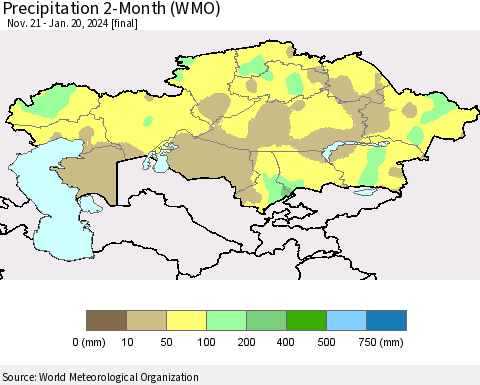 Kazakhstan Precipitation 2-Month (WMO) Thematic Map For 11/21/2023 - 1/20/2024
