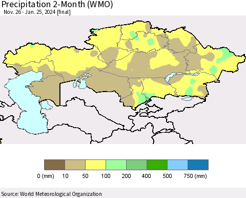 Kazakhstan Precipitation 2-Month (WMO) Thematic Map For 11/26/2023 - 1/25/2024
