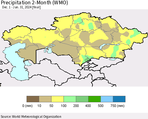 Kazakhstan Precipitation 2-Month (WMO) Thematic Map For 12/1/2023 - 1/31/2024